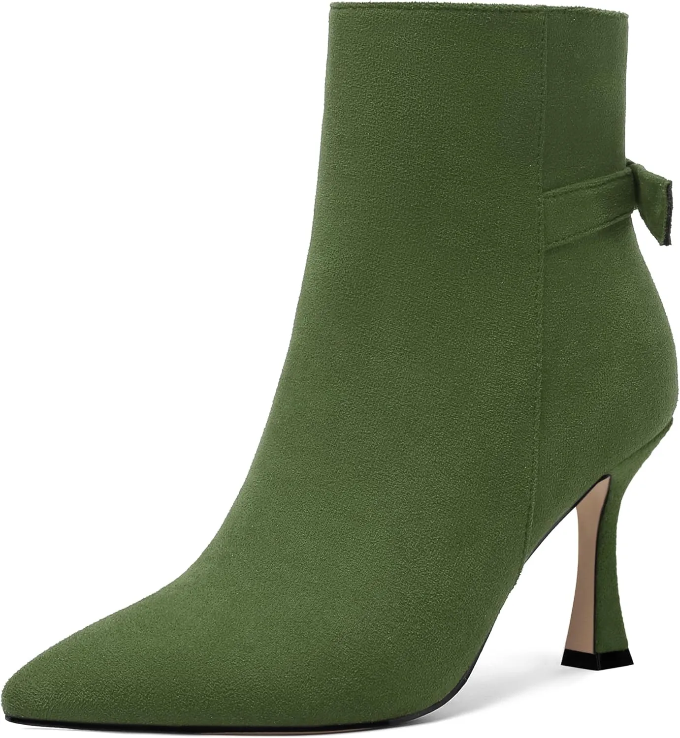 AMBELIGHT Womens Dating Solid Suede Dress Pointed Toe Zip Spool High Heel Ankle High Boots 3.3 Inch