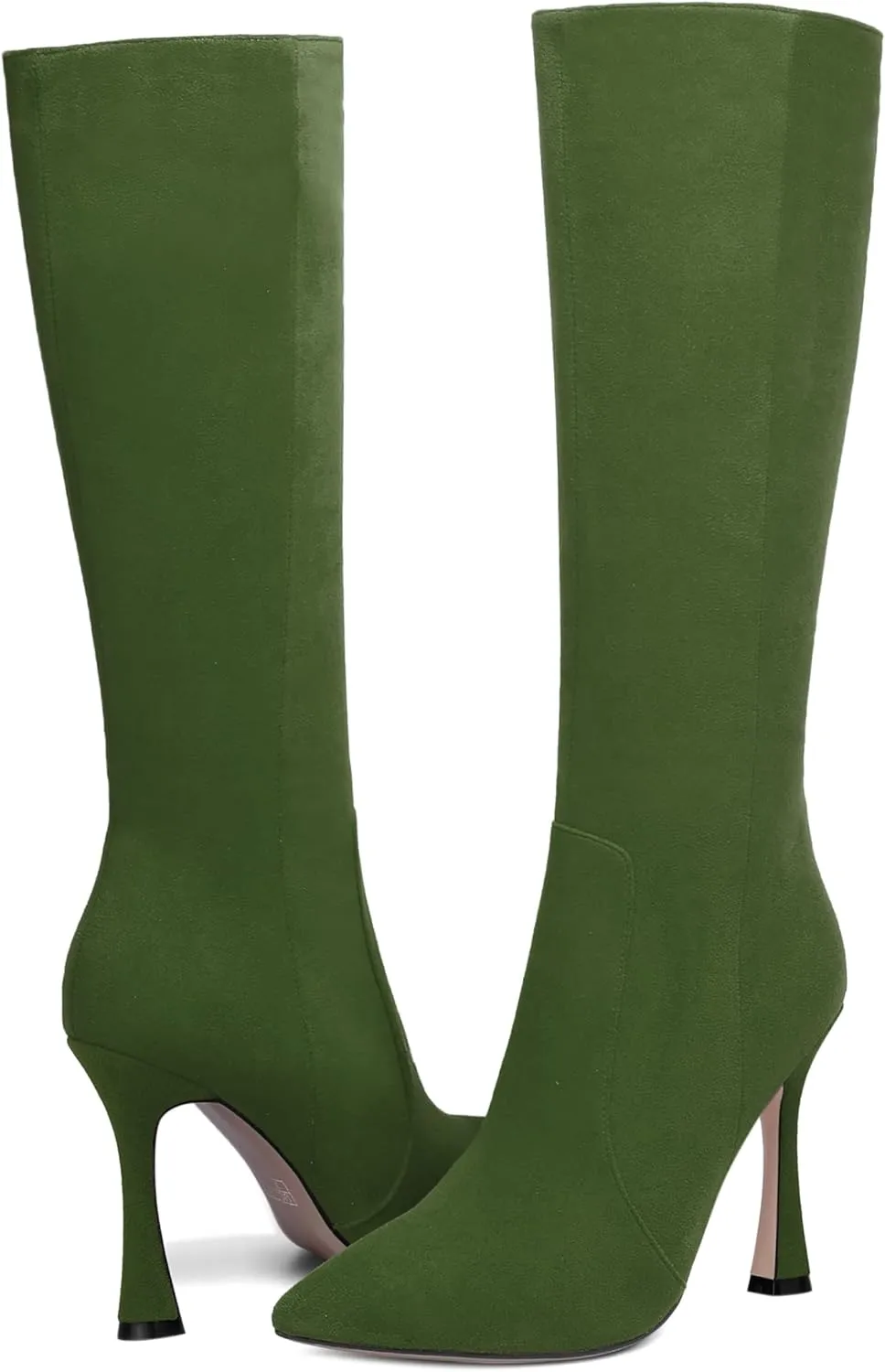 AMBELIGHT Womens Solid Pointed Toe Zip Dating Casual Suede Stiletto High Heel Knee High Boots 4 Inch