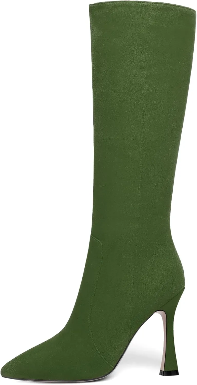 AMBELIGHT Womens Solid Pointed Toe Zip Dating Casual Suede Stiletto High Heel Knee High Boots 4 Inch