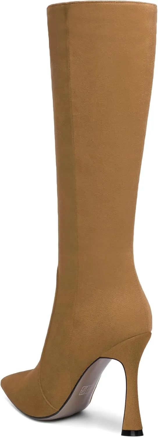 AMBELIGHT Womens Solid Pointed Toe Zip Dating Casual Suede Stiletto High Heel Knee High Boots 4 Inch