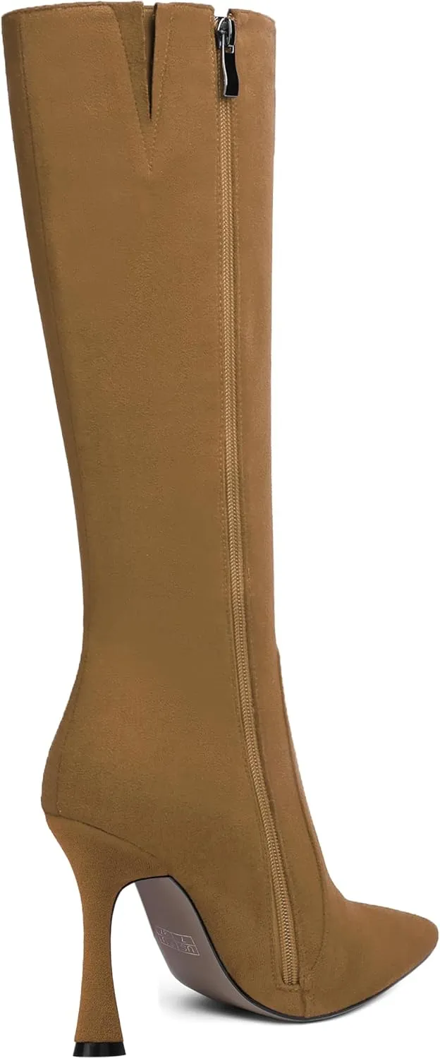 AMBELIGHT Womens Solid Pointed Toe Zip Dating Casual Suede Stiletto High Heel Knee High Boots 4 Inch