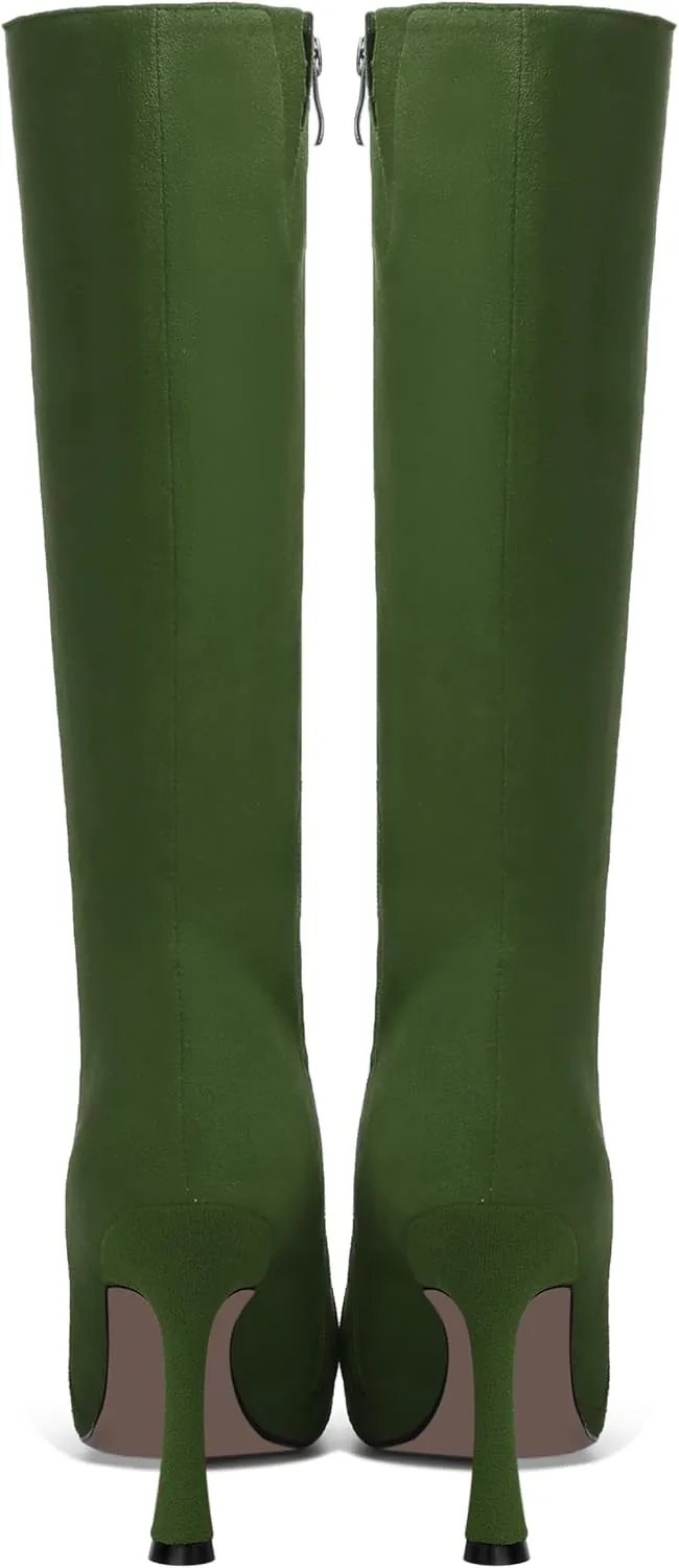 AMBELIGHT Womens Solid Pointed Toe Zip Dating Casual Suede Stiletto High Heel Knee High Boots 4 Inch