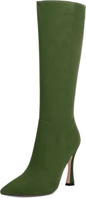AMBELIGHT Womens Solid Pointed Toe Zip Dating Casual Suede Stiletto High Heel Knee High Boots 4 Inch