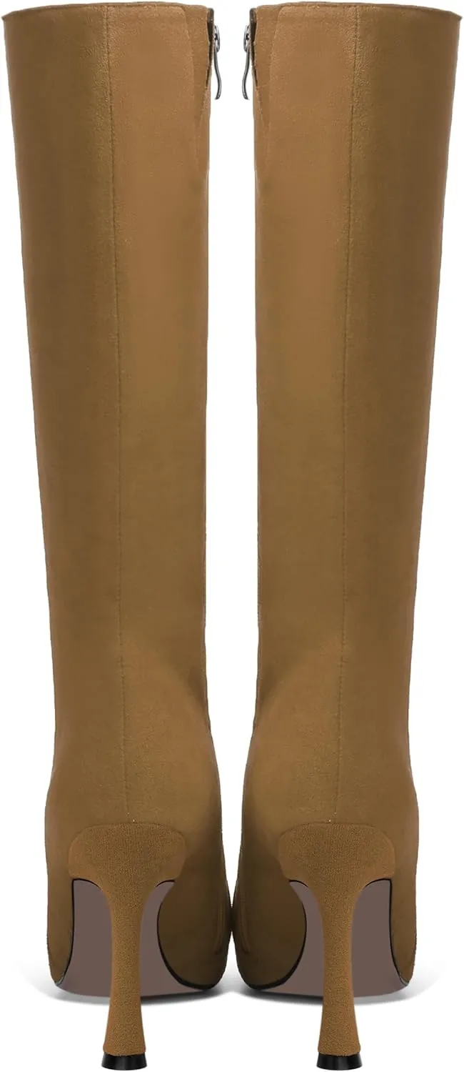 AMBELIGHT Womens Solid Pointed Toe Zip Dating Casual Suede Stiletto High Heel Knee High Boots 4 Inch