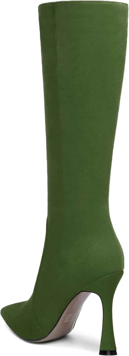 AMBELIGHT Womens Solid Pointed Toe Zip Dating Casual Suede Stiletto High Heel Knee High Boots 4 Inch