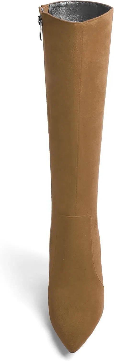AMBELIGHT Womens Solid Pointed Toe Zip Dating Casual Suede Stiletto High Heel Knee High Boots 4 Inch