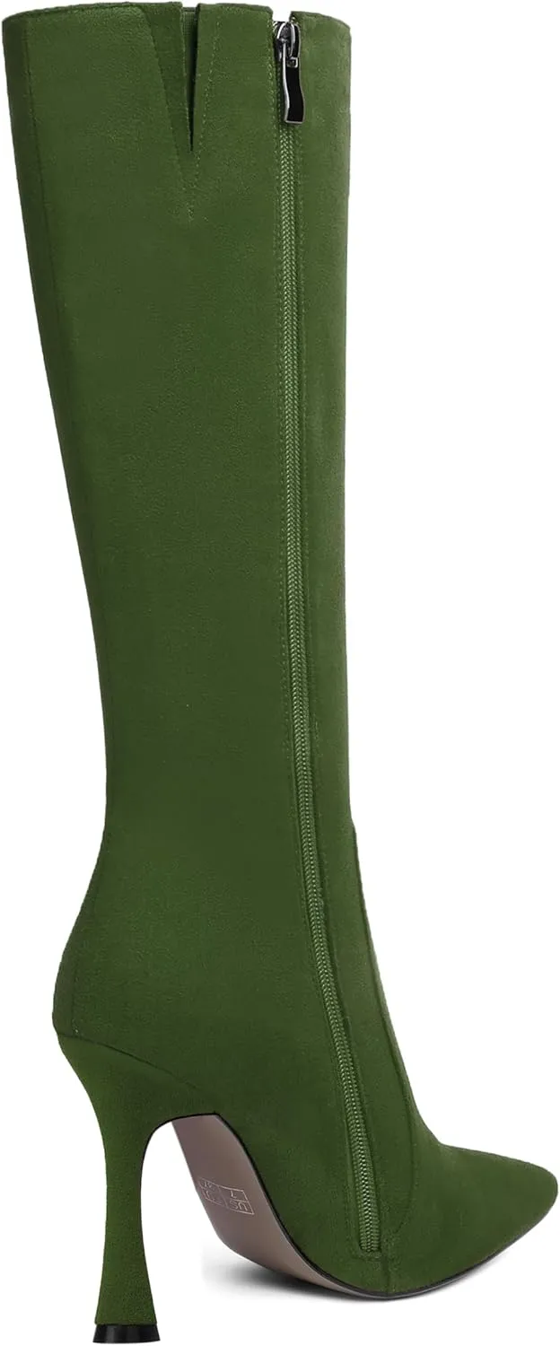 AMBELIGHT Womens Solid Pointed Toe Zip Dating Casual Suede Stiletto High Heel Knee High Boots 4 Inch