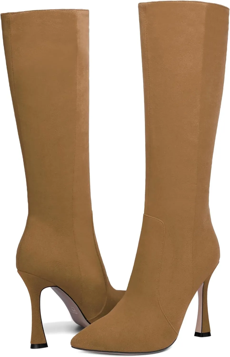 AMBELIGHT Womens Solid Pointed Toe Zip Dating Casual Suede Stiletto High Heel Knee High Boots 4 Inch