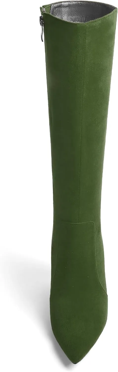 AMBELIGHT Womens Solid Pointed Toe Zip Dating Casual Suede Stiletto High Heel Knee High Boots 4 Inch