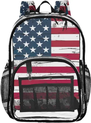 American Flag Clear Backpack with Back Print, Heavy Duty See Through Backpacks PVC Transparent Daypack for Travel Security