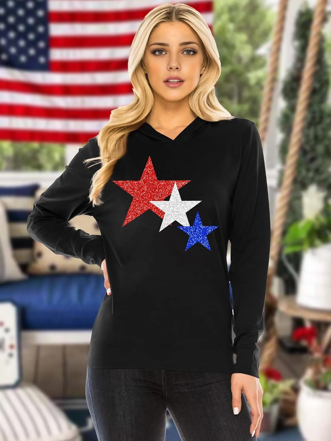 American Flag Hoodie for Women: 4th of July Shirts Patriotic Long Sleeve Memoria Day Hoodie Pullover Tops