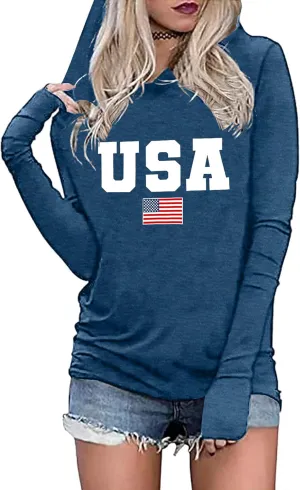 American Flag Hoodie for Women: 4th of July Shirts Patriotic Long Sleeve Memoria Day Hoodie Pullover Tops