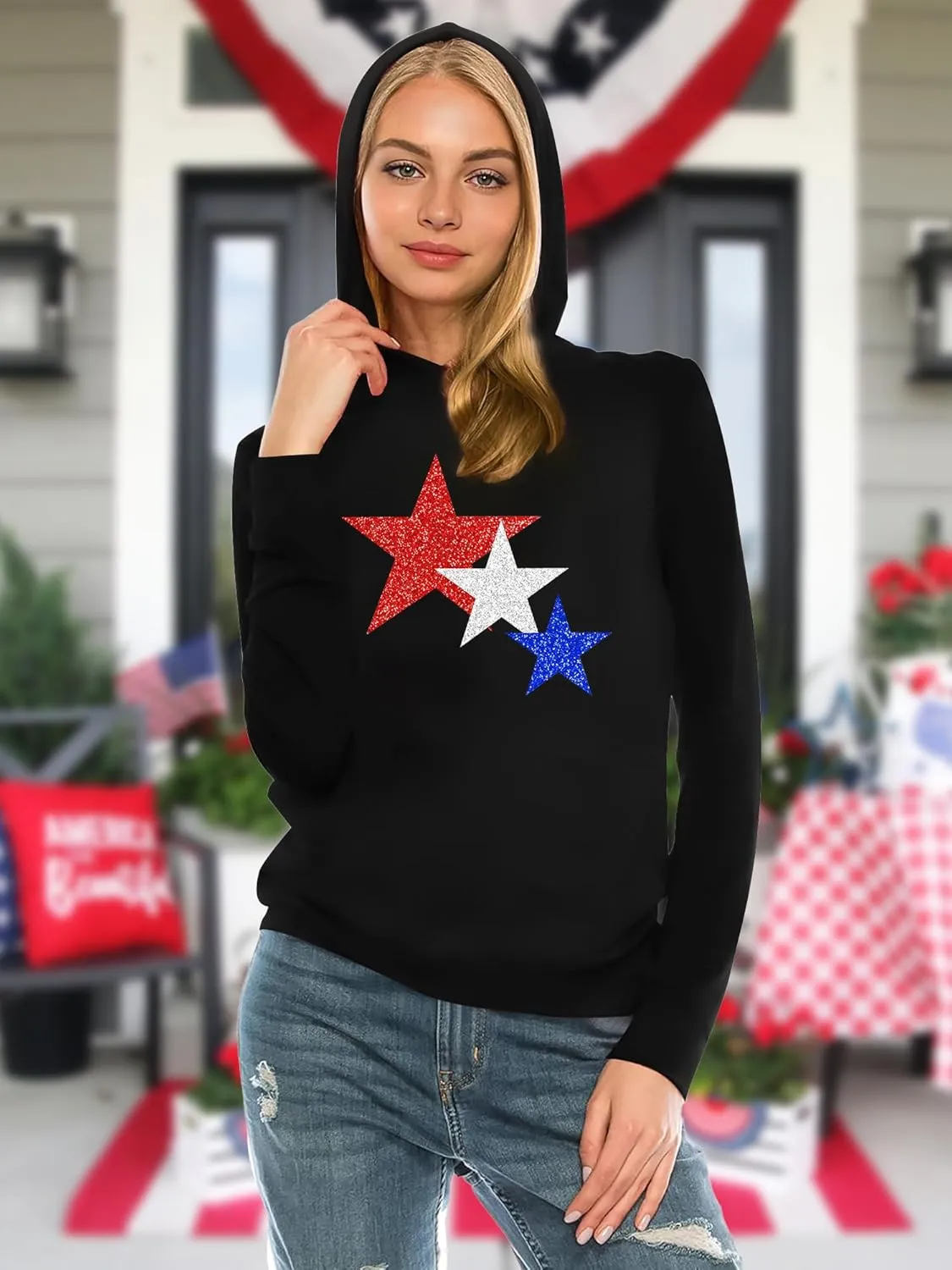 American Flag Hoodie for Women: 4th of July Shirts Patriotic Long Sleeve Memoria Day Hoodie Pullover Tops