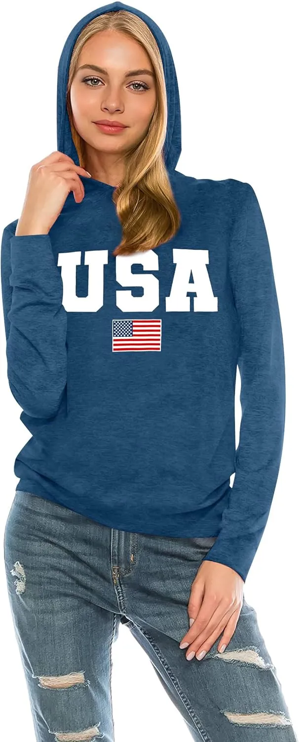 American Flag Hoodie for Women: 4th of July Shirts Patriotic Long Sleeve Memoria Day Hoodie Pullover Tops