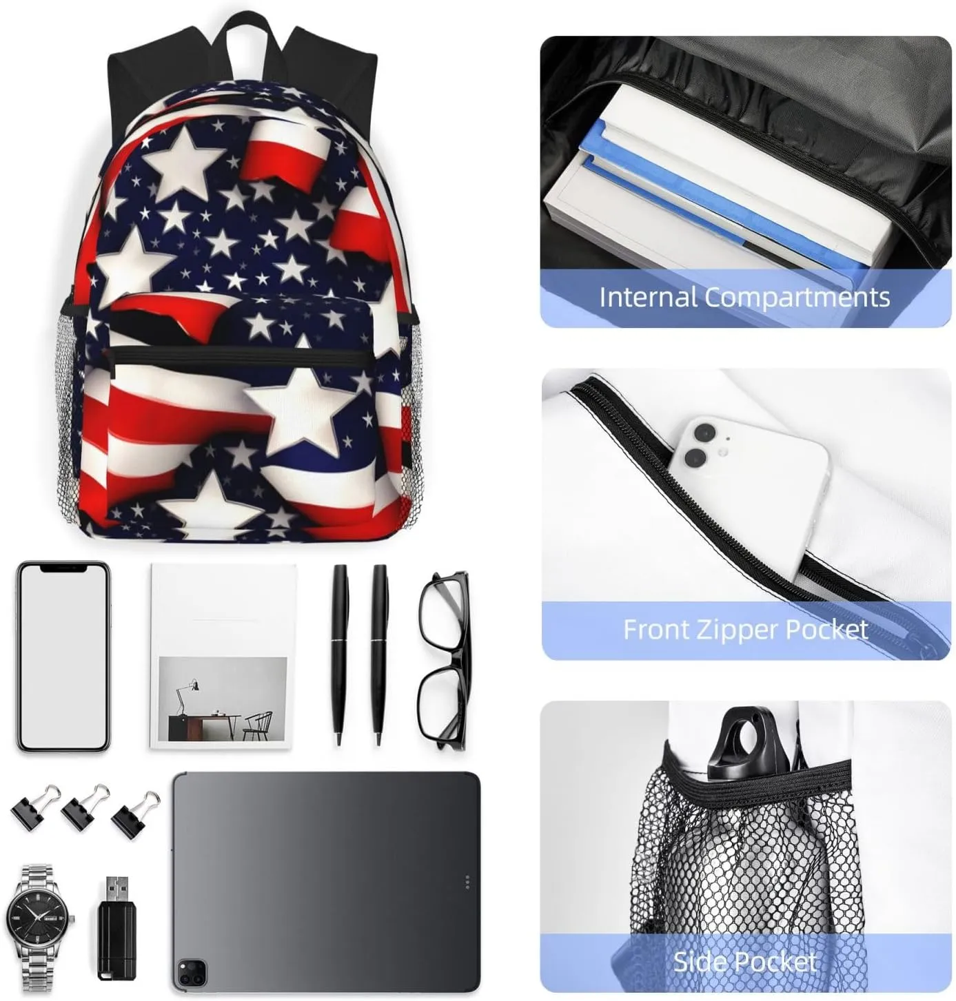 American Flag Stars Stripes Print Backpack For Men And Women Lightweight Backpack Casual Daypack For Workplace Travel