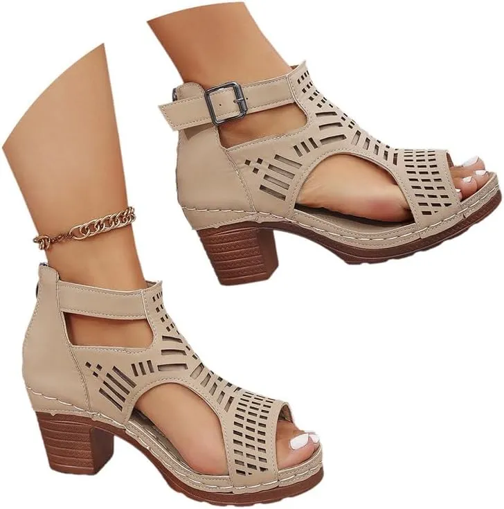 Ankle Strap Heeled Sandals cut-out peep toe for Women's Summer Shoes with Zipper Gladiator sandals
