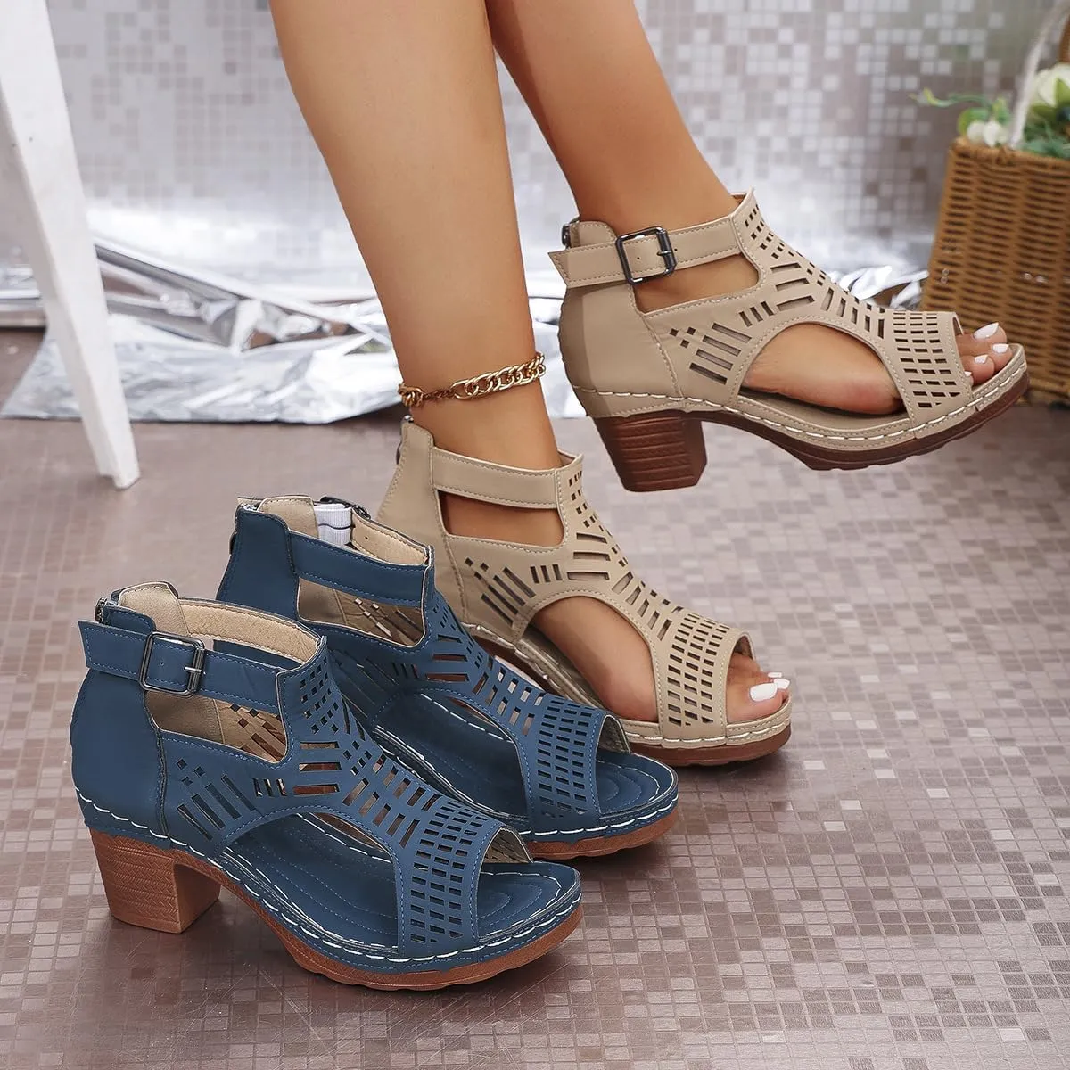 Ankle Strap Heeled Sandals cut-out peep toe for Women's Summer Shoes with Zipper Gladiator sandals