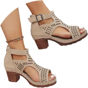 Ankle Strap Heeled Sandals cut-out peep toe for Women's Summer Shoes with Zipper Gladiator sandals