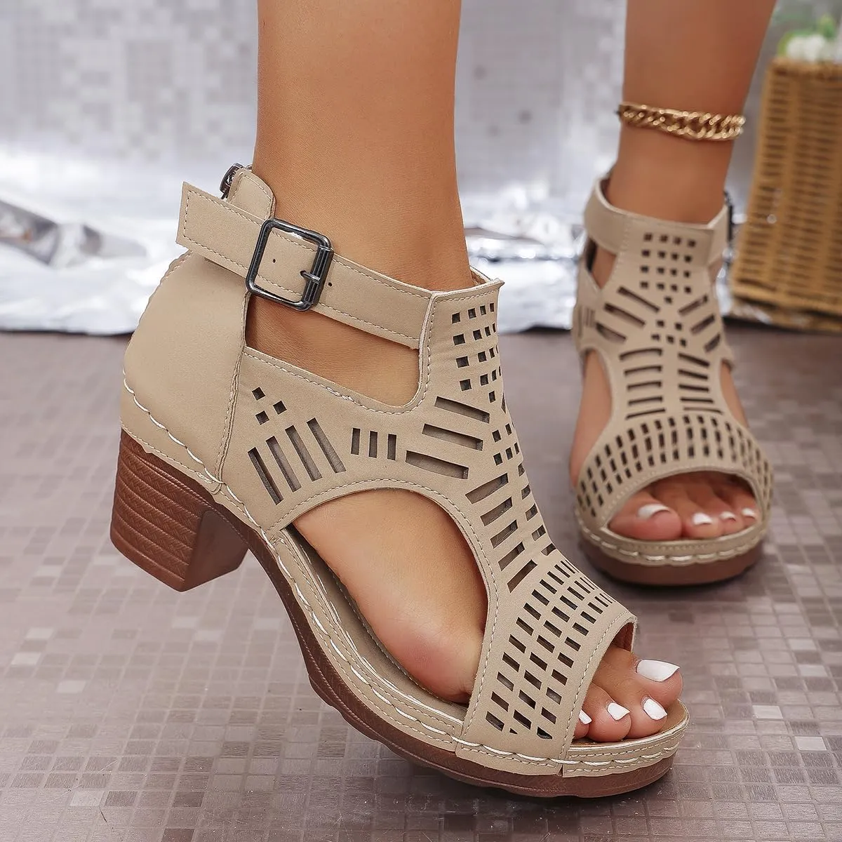 Ankle Strap Heeled Sandals cut-out peep toe for Women's Summer Shoes with Zipper Gladiator sandals