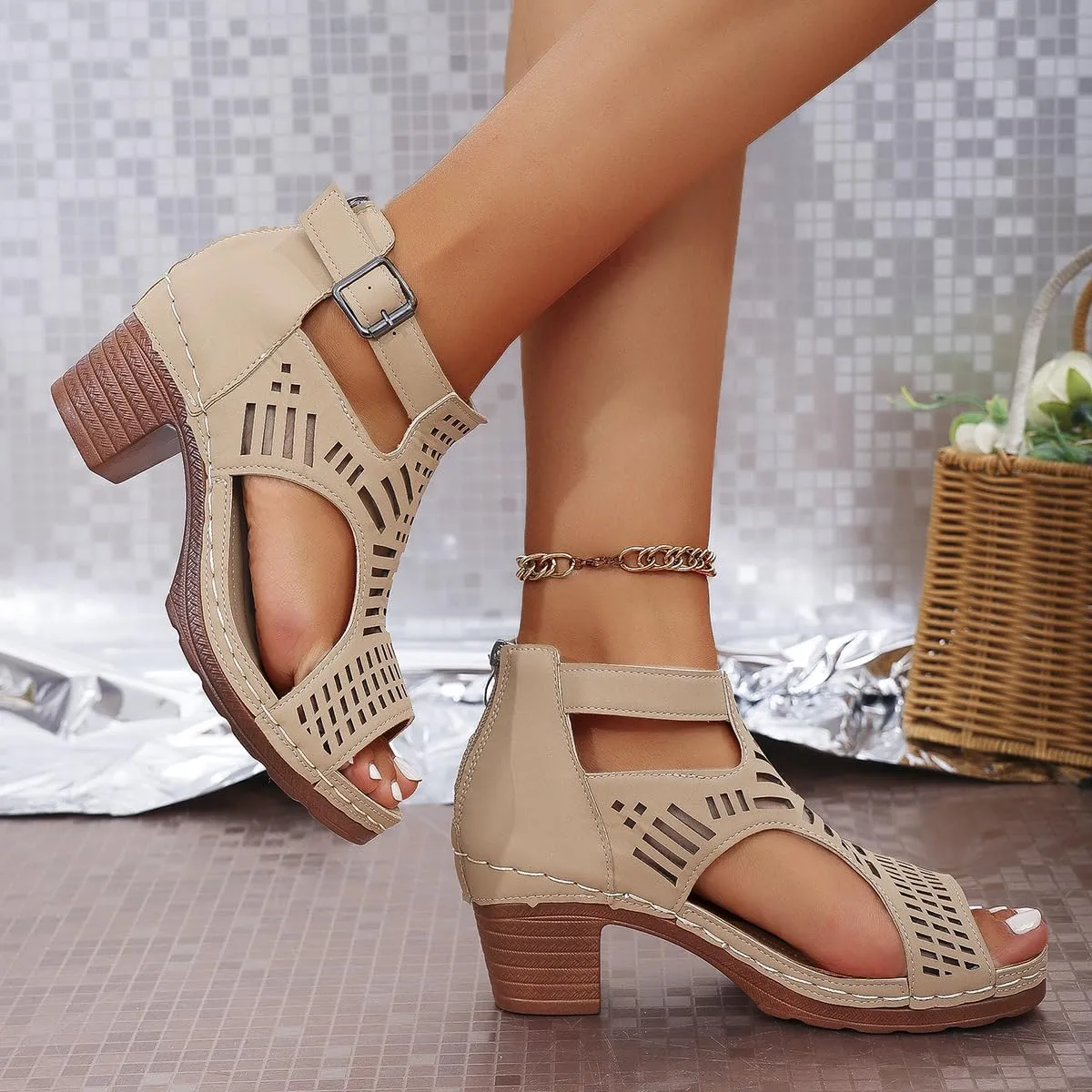 Ankle Strap Heeled Sandals cut-out peep toe for Women's Summer Shoes with Zipper Gladiator sandals