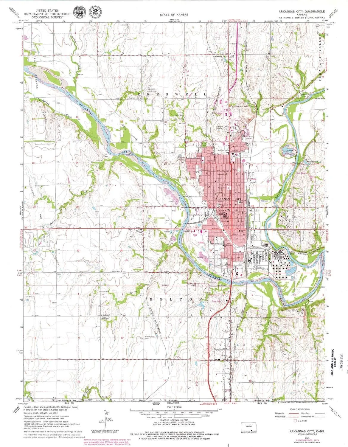 Arkansas City KS topo map, 1:24000 Scale, 7.5 X 7.5 Minute, Historical, 1965, Updated 1979, 27.04 x 21.05 in
