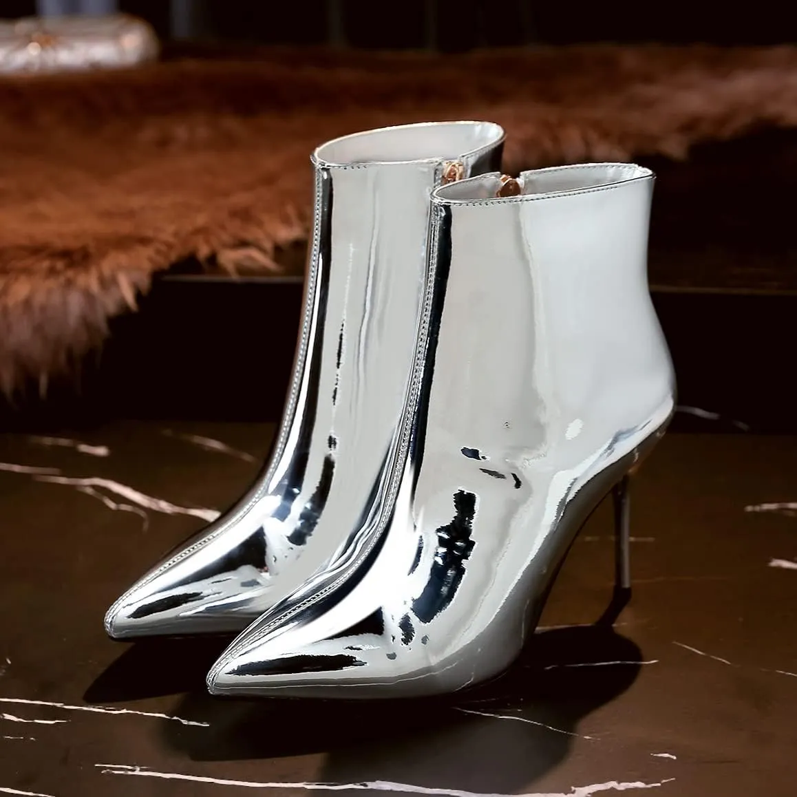 Arqa Metallic Ankle Boots for Women Stiletto Heel Mirror Leather Boot Pointed Toe Booties Side Zipper Shoes