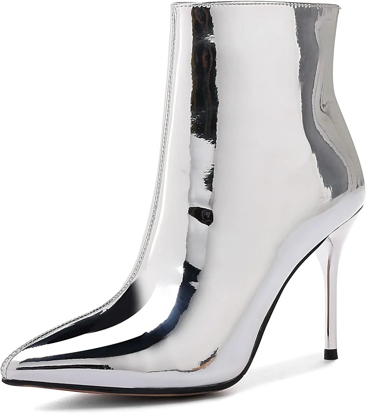Arqa Metallic Ankle Boots for Women Stiletto Heel Mirror Leather Boot Pointed Toe Booties Side Zipper Shoes