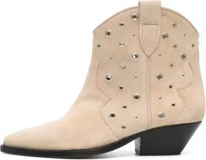 Arqa Suede Ankle Boot for Women Pointed Toe Block Heel Western Cowboy Boots with Metal Eyelet Pull-on Fashion Booties