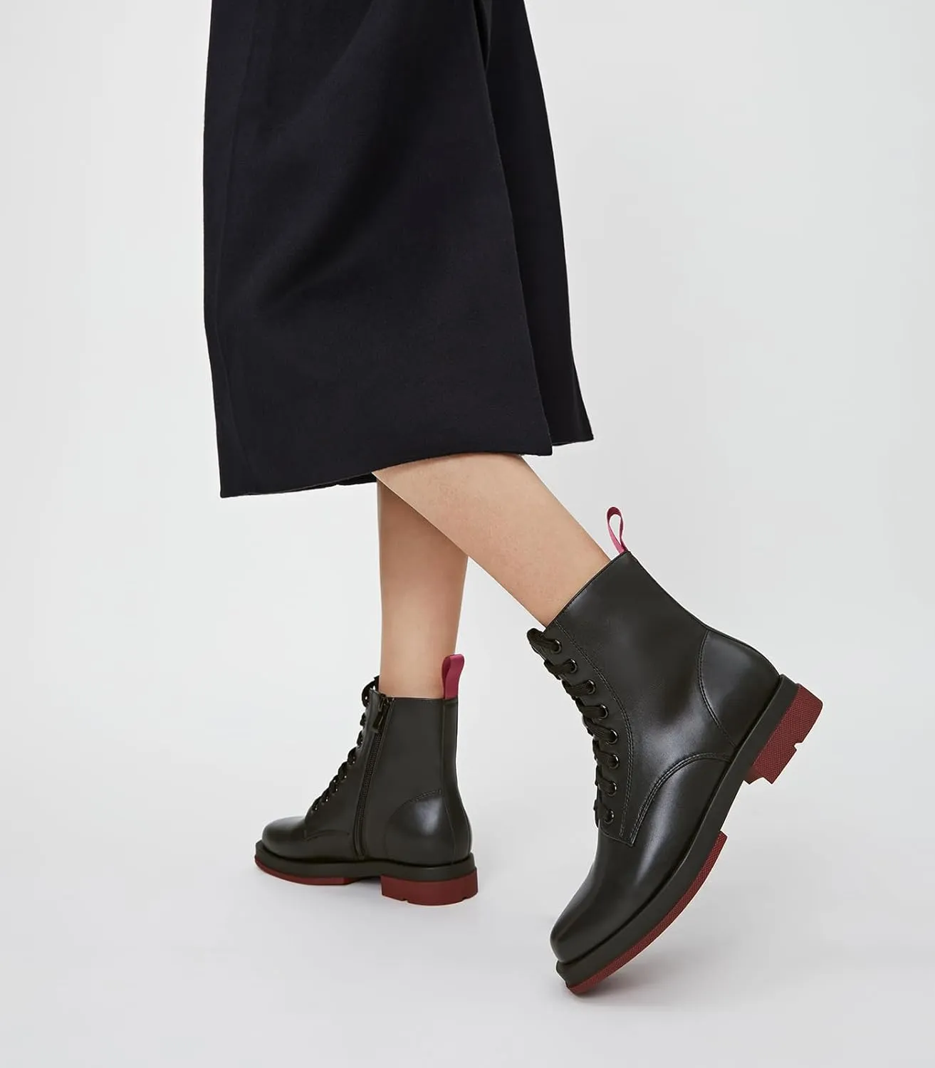 Arromic Black Ankle Boots Women's Lace-up Combat Boots with Side Zipper Square Toe Low Heel Fashion Booties