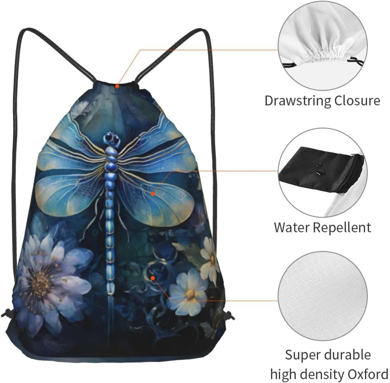 Art Blue Dragonfly Drawstring Cinch Backpack Polyester Sack Pack String Bag For Hiking Camping Adventure