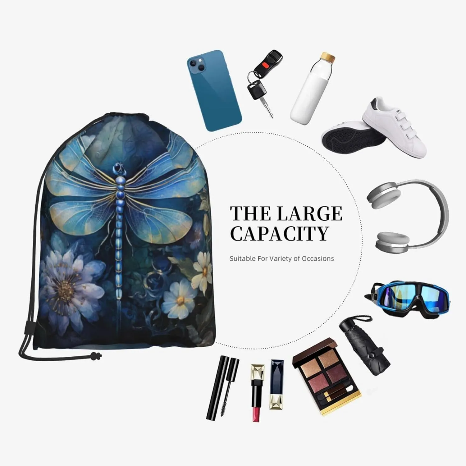 Art Blue Dragonfly Drawstring Cinch Backpack Polyester Sack Pack String Bag For Hiking Camping Adventure