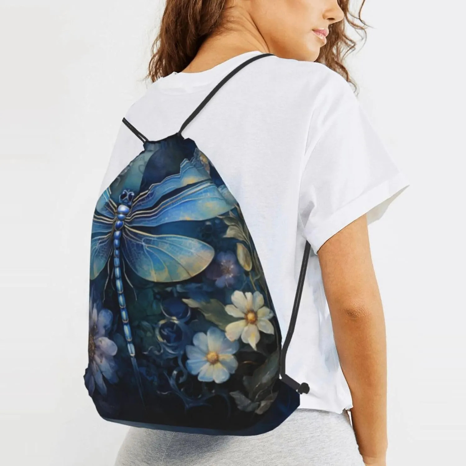 Art Blue Dragonfly Drawstring Cinch Backpack Polyester Sack Pack String Bag For Hiking Camping Adventure