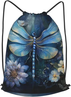 Art Blue Dragonfly Drawstring Cinch Backpack Polyester Sack Pack String Bag For Hiking Camping Adventure