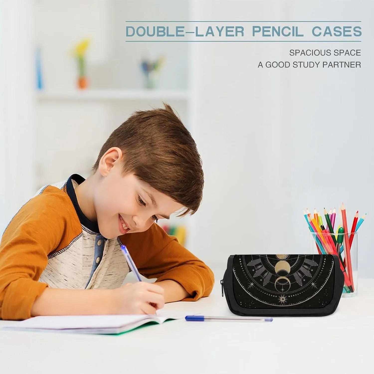Astronomical Phenomenon Map of Solar Eclipse And Lunar Eclipse Art Double Layer Zippered Pencil Case for Large Capacity Office Stationery Bag