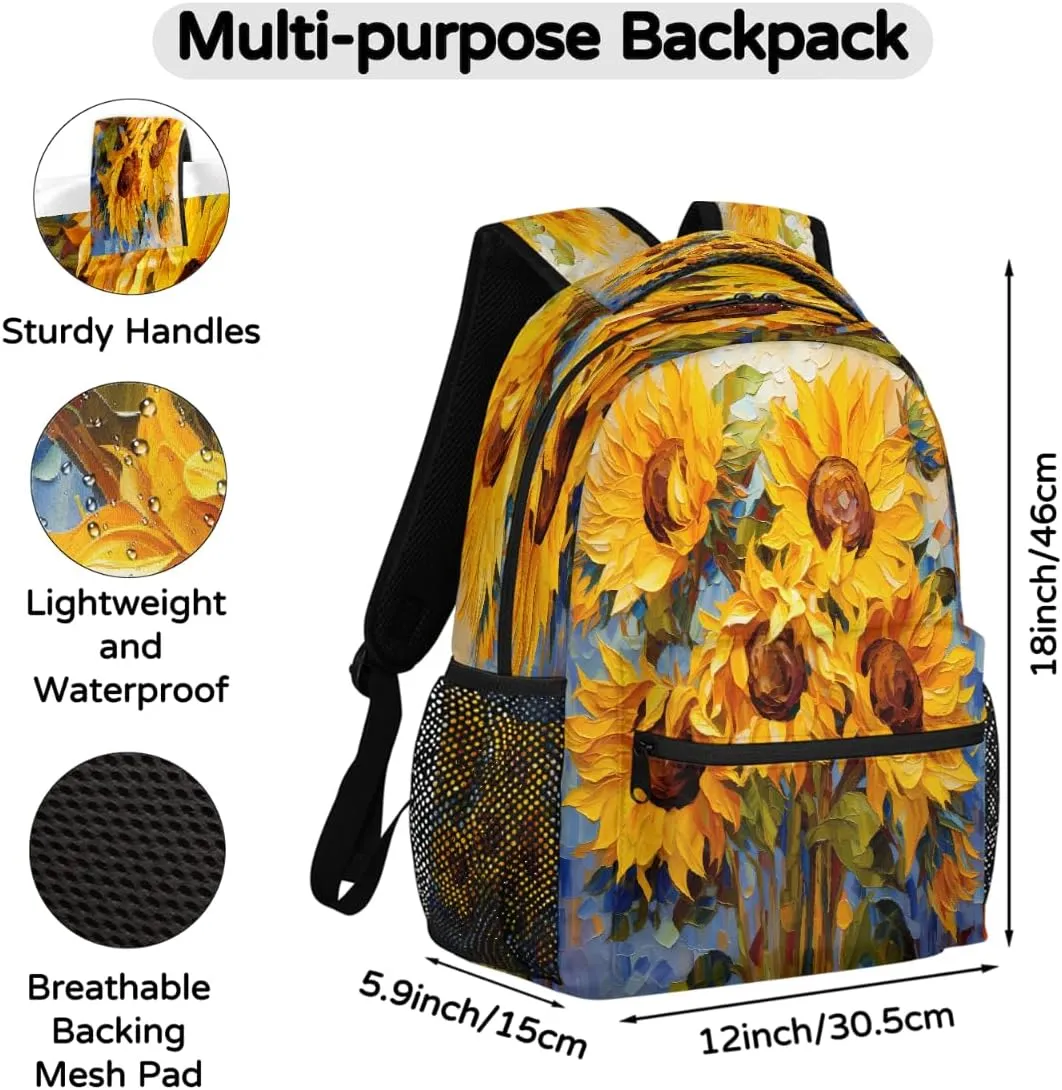 Backpack for Women Men Waterproof Backpack with Laptop Compartment, Lightweight Carry On Backpack for Travel, Work, Picnic, Art Oil Painting Floral Sunflower