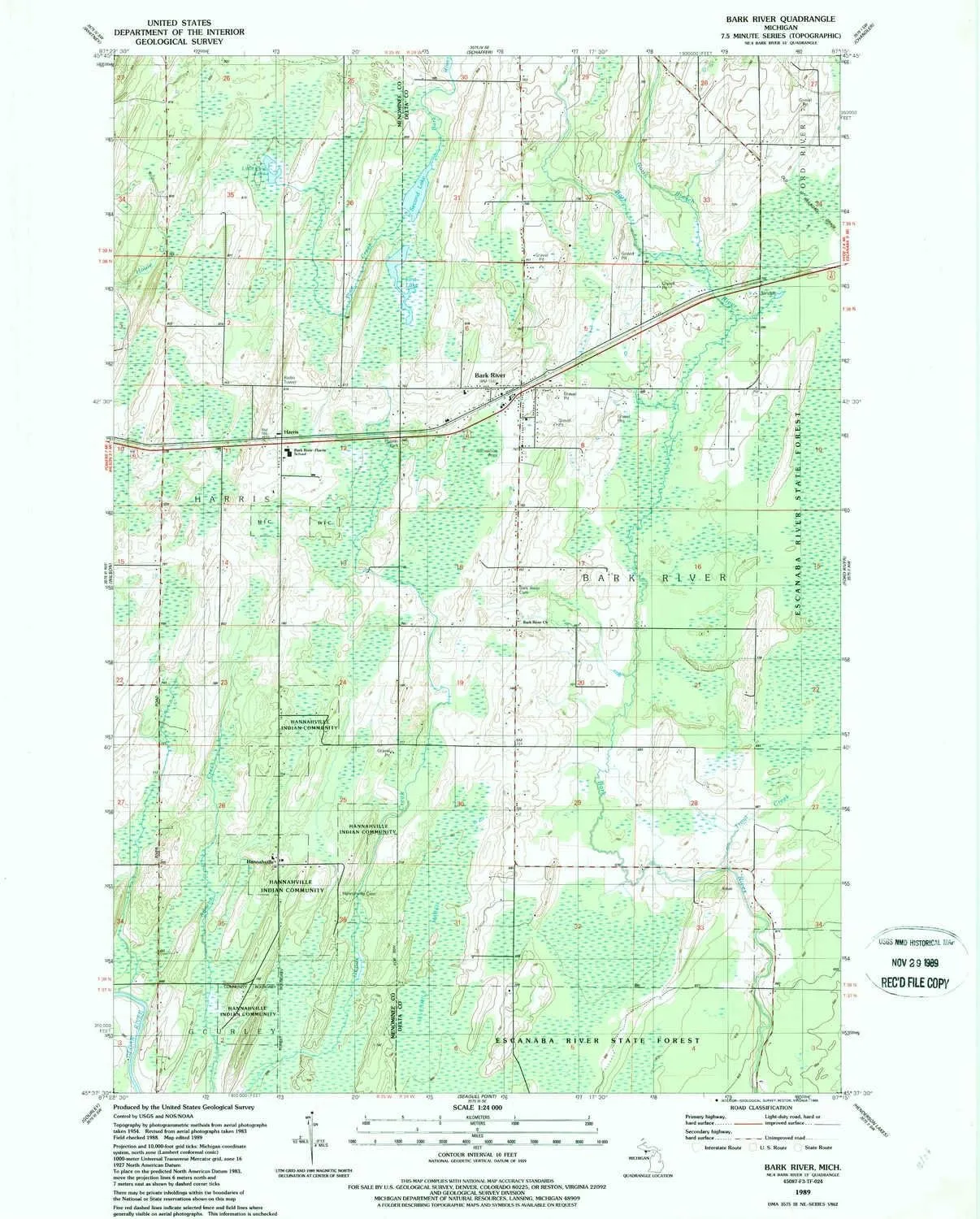 Bark River MI topo map, 1:24000 Scale, 7.5 X 7.5 Minute, Historical, 1989, Updated 1989, 26.8 x 22 in