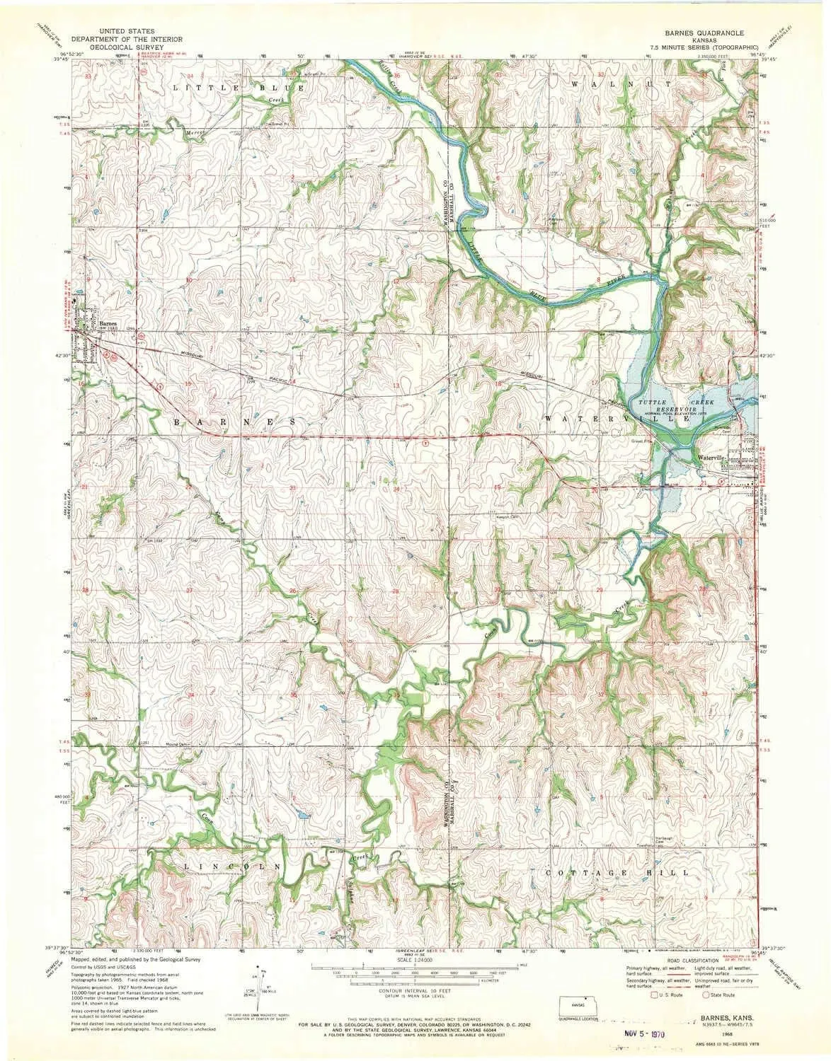 Barnes KS topo map, 1:24000 Scale, 7.5 X 7.5 Minute, Historical, 1968, Updated 1970, 27.18 x 21.28 in