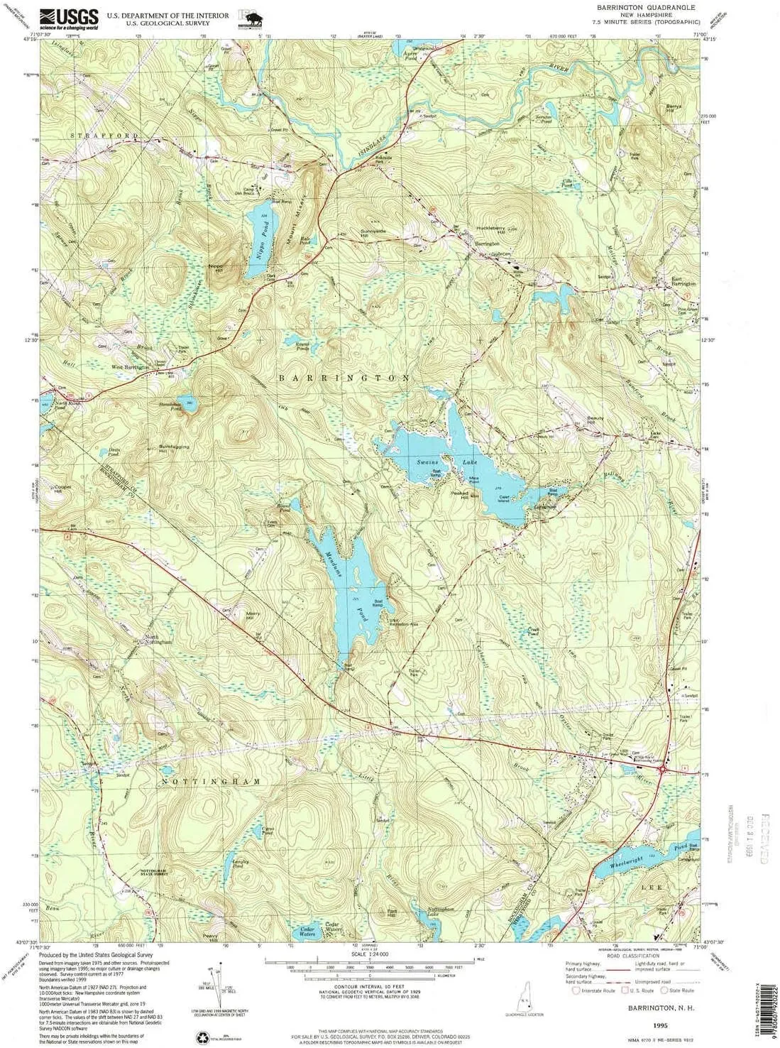 Barrington NH topo map, 1:24000 Scale, 7.5 X 7.5 Minute, Historical, 1995, Updated 1999, 26.9 x 22 in