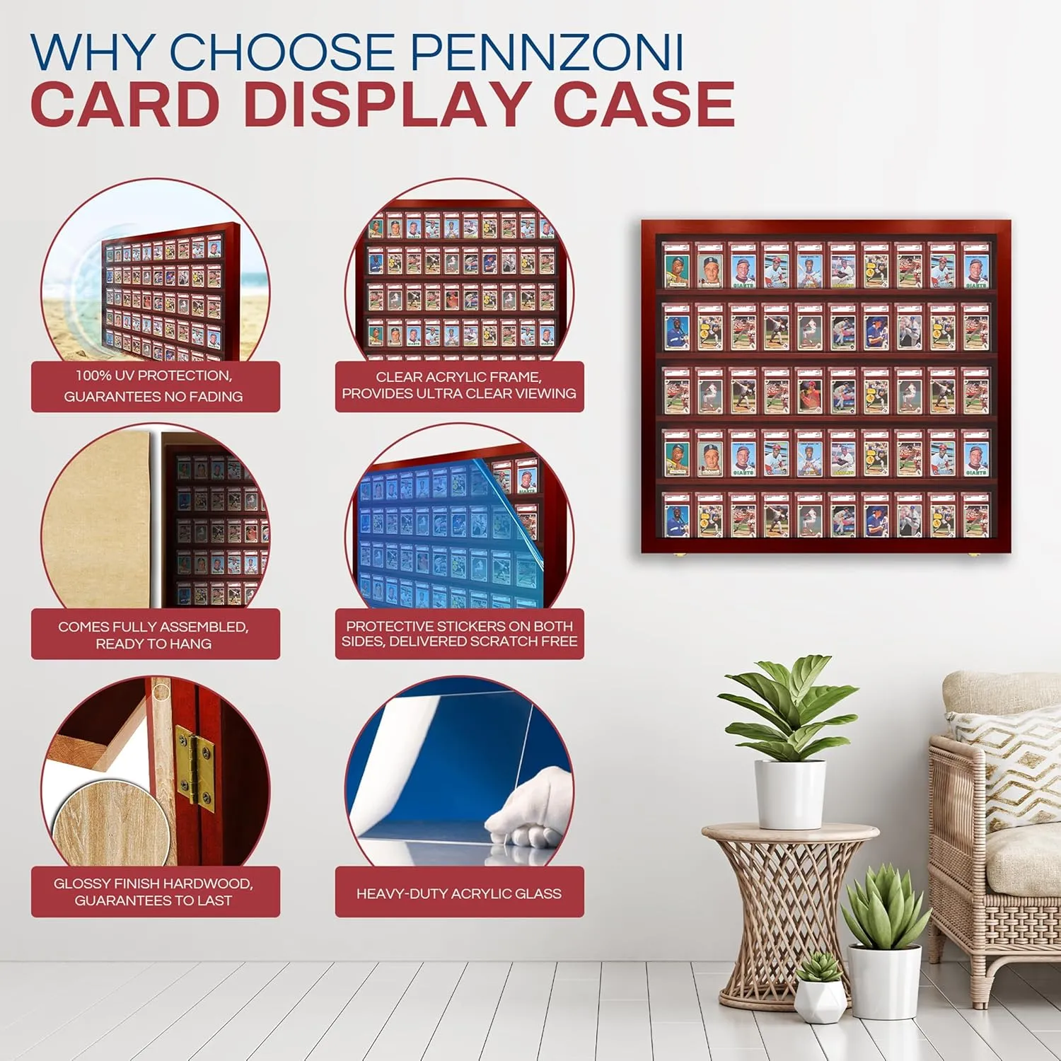 Baseball Card Display Case - 50 Graded Sports Frame Lockable - PSA Graded Case With UV Protection | Pokemon Display for Football & Basketball