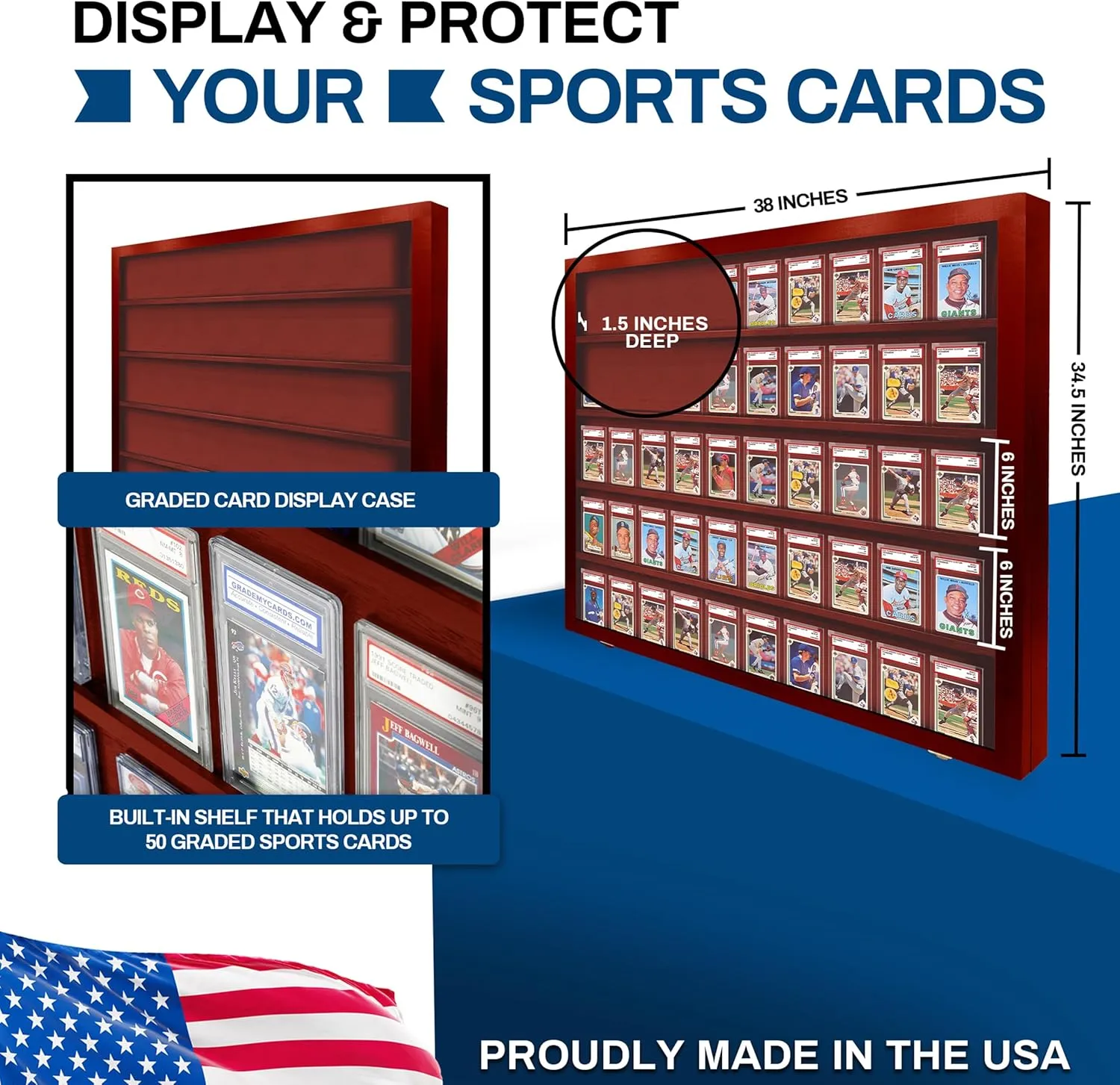 Baseball Card Display Case - 50 Graded Sports Frame Lockable - PSA Graded Case With UV Protection | Pokemon Display for Football & Basketball