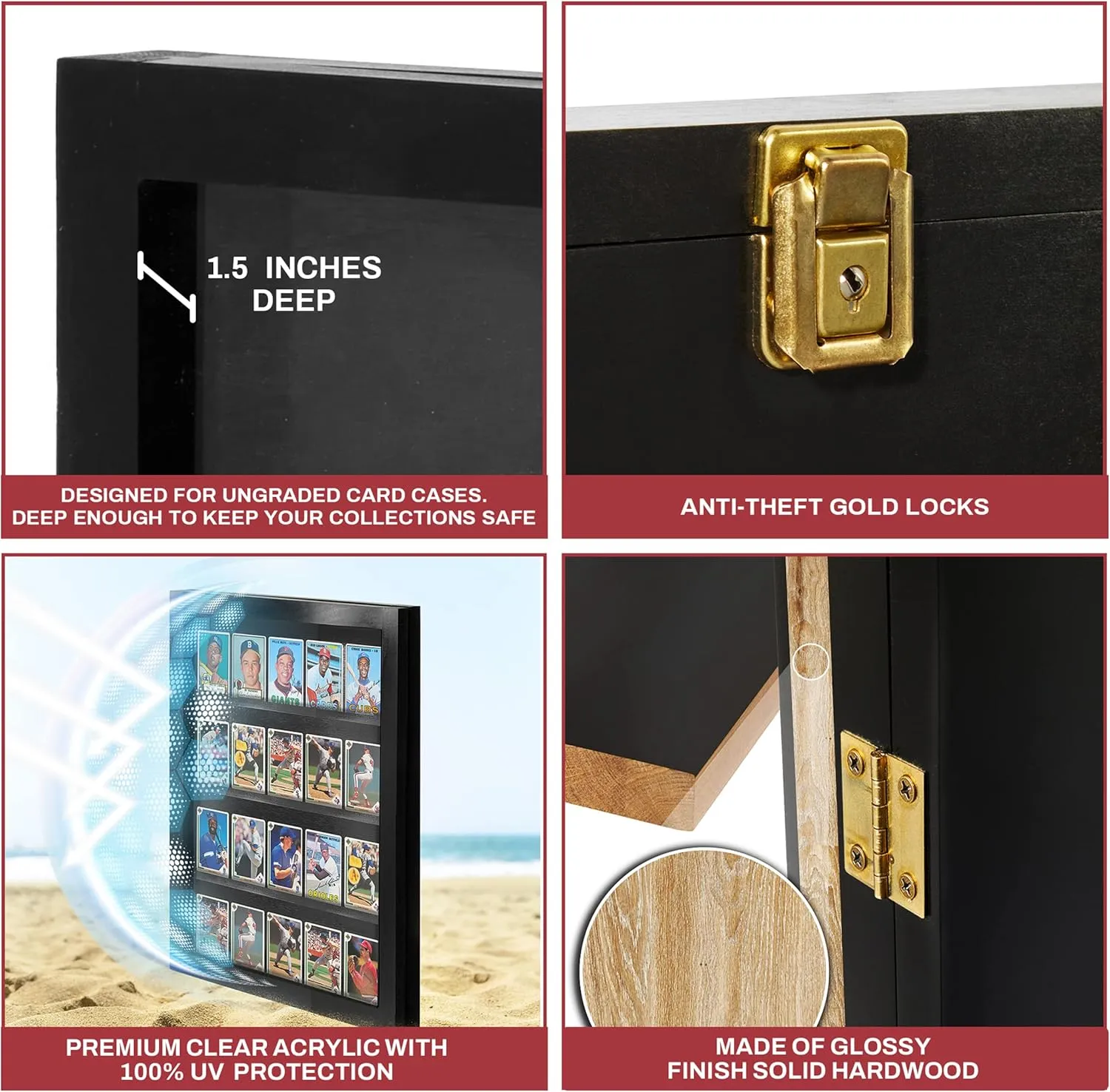 Baseball Card Display Case - Sports Card Display Frame Lockable - 20 Ungraded Cards Case - Trading Card Display
