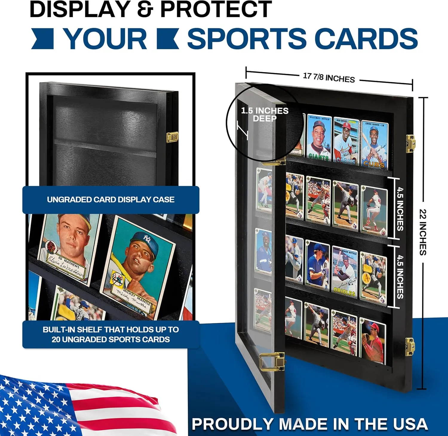 Baseball Card Display Case - Sports Card Display Frame Lockable - 20 Ungraded Cards Case - Trading Card Display
