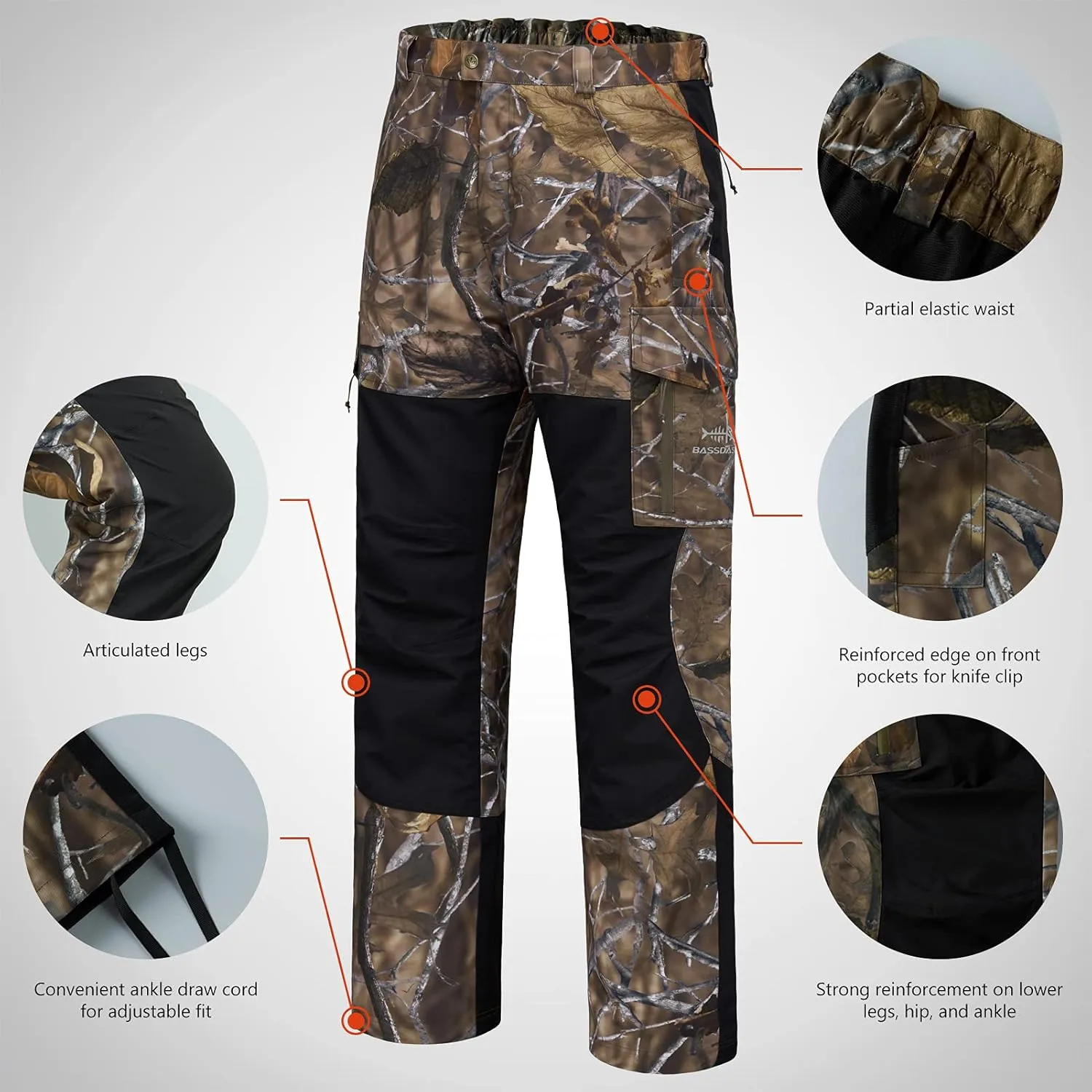 BASSDASH Splice Men’s Waterproof Breathable Hunting Pants Ripstop Camo Fishing Rain Pant