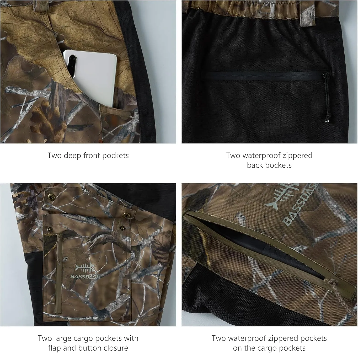 BASSDASH Splice Men’s Waterproof Breathable Hunting Pants Ripstop Camo Fishing Rain Pant
