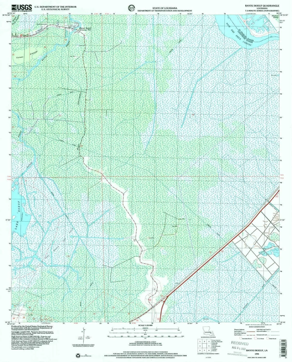 Bayou Boeuf LA topo map, 1:24000 Scale, 7.5 X 7.5 Minute, Historical, 1998, Updated 2000, 26.8 x 21.6 in