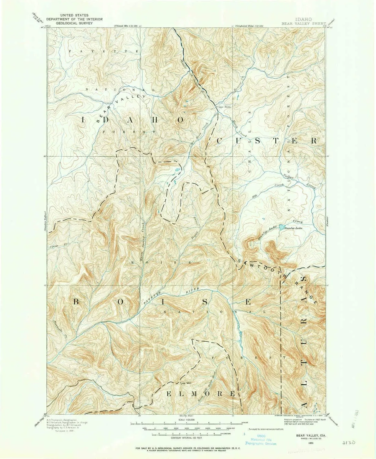 Bear Valley ID topo map, 1:125000 Scale, 30 X 30 Minute, Historical, 1891, Updated 1963, 20.8 x 17 in