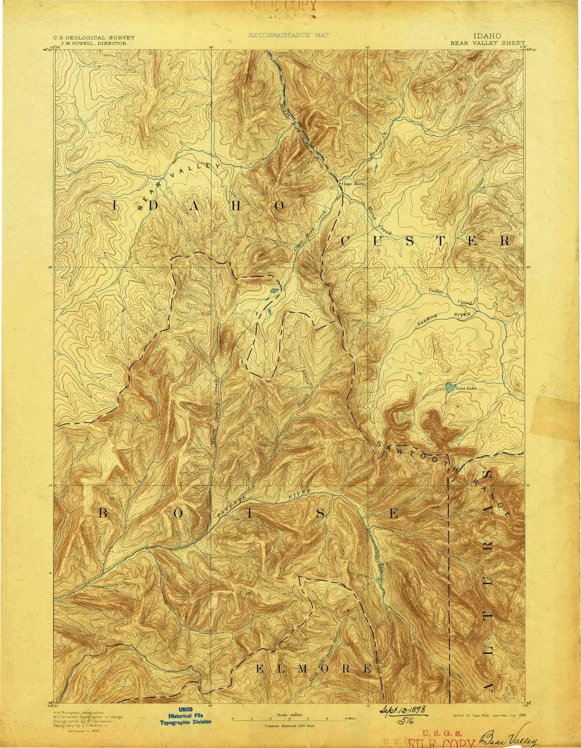 Bear Valley ID topo map, 1:125000 Scale, 30 X 30 Minute, Historical, 1893, Updated 1898, 20 x 15.6 in