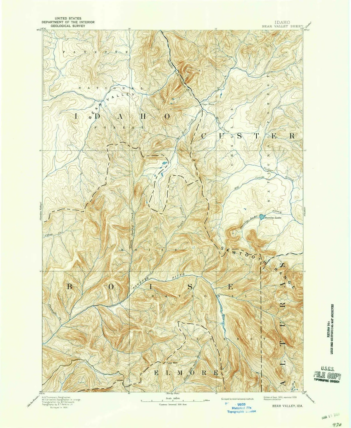 Bear Valley ID topo map, 1:125000 Scale, 30 X 30 Minute, Historical, 1893, Updated 1938, 20.7 x 17 in