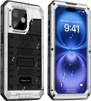 Beasyjoy for iPhone 16 Case Waterproof, Metal Heavy Duty Full Body Protective Case with Built-in Screen Protector, Military Grade Shockproof Dustproof Defender Rugged Cover for iPhone 16 6.1" Silver