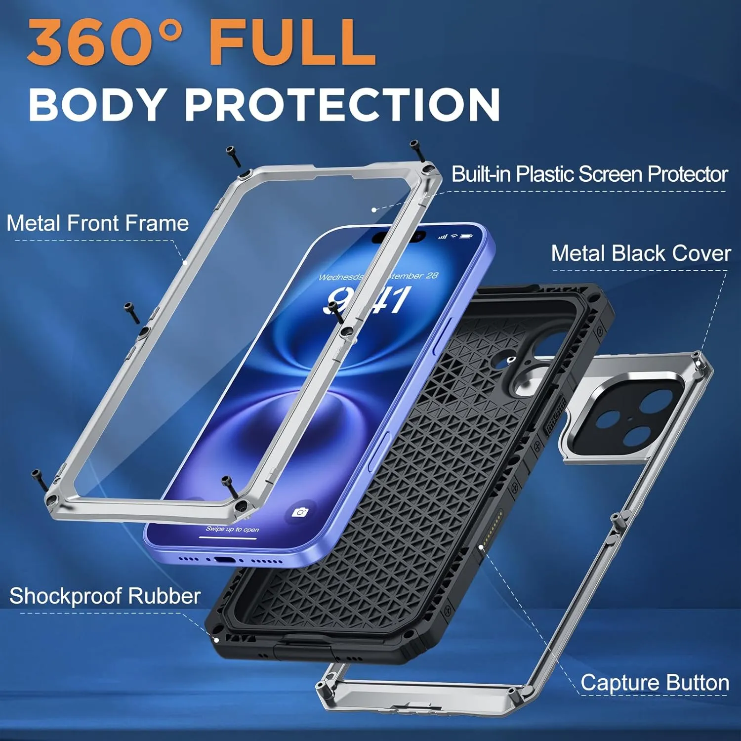 Beasyjoy for iPhone 16 Case Waterproof, Metal Heavy Duty Full Body Protective Case with Built-in Screen Protector, Military Grade Shockproof Dustproof Defender Rugged Cover for iPhone 16 6.1" Silver